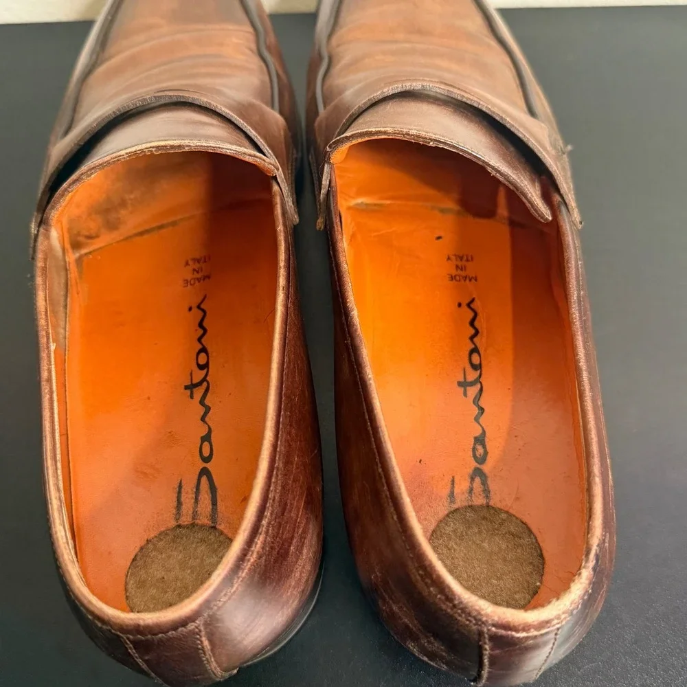 Santoni Penny Loafer Mens 11.5 Brown Leather Burnished Apron Toe Made in Italy